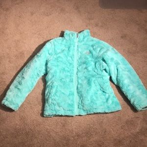 mint green and light grey puffed jacket.